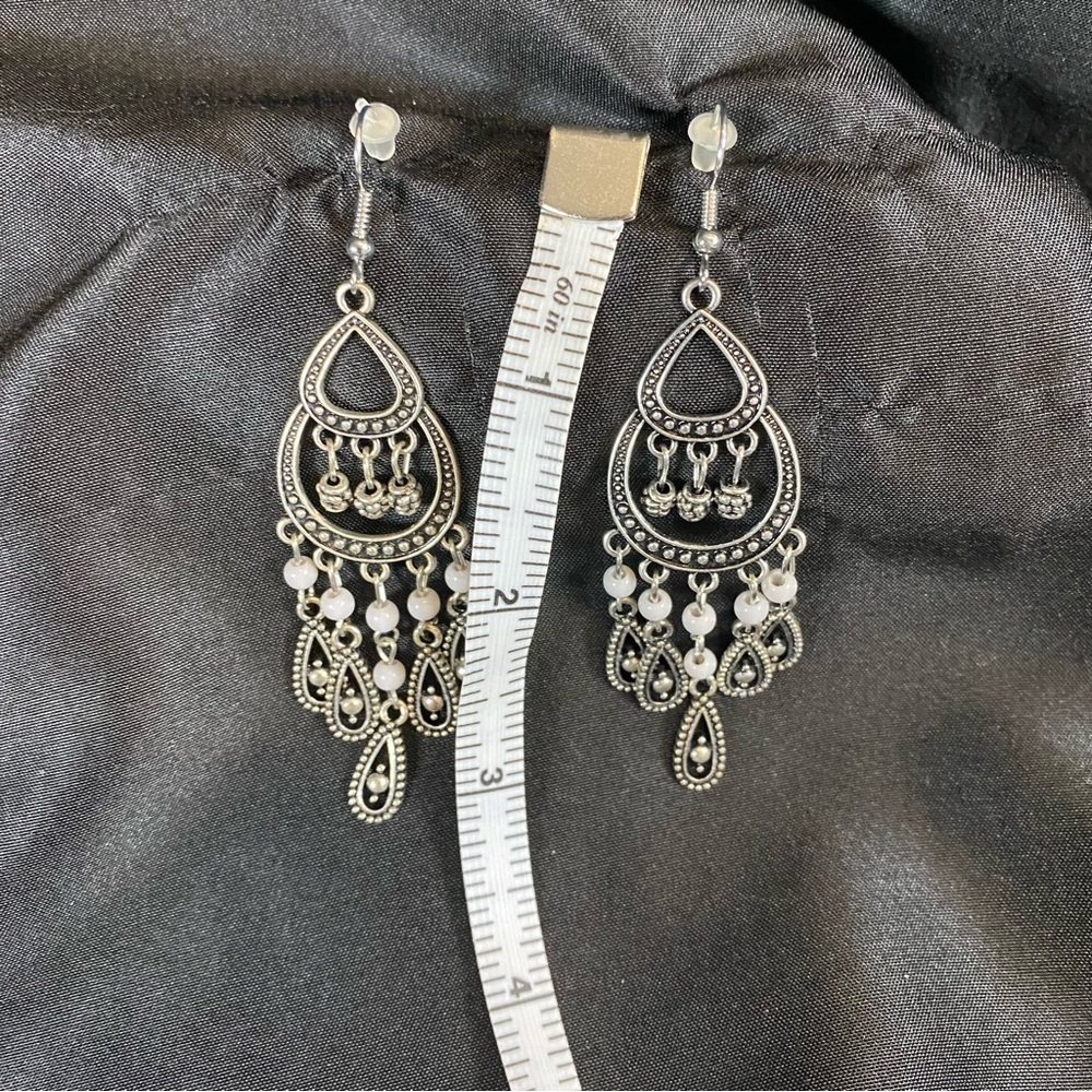Boho Silver Filigree Chandelier Earrings with Bead Details - Picture 2 of 2